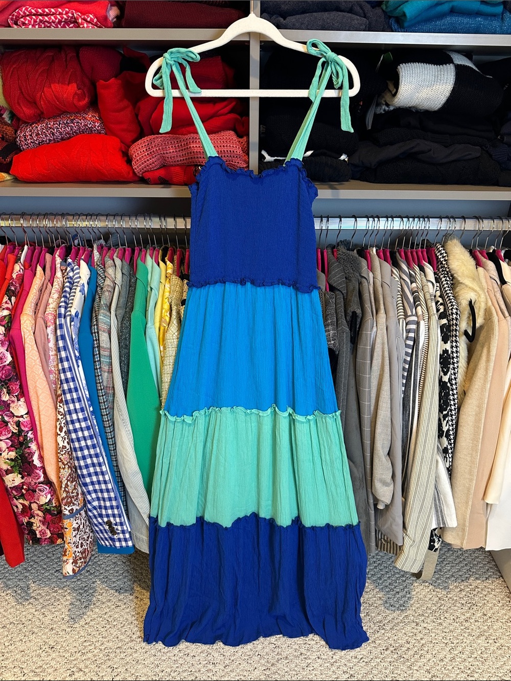 Bebop blue/green color block lined smocked maxi dress size S